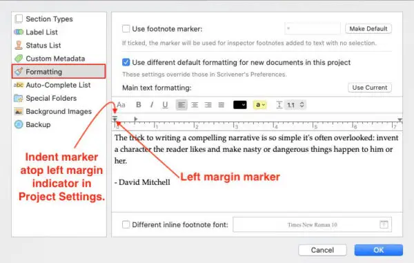 indent in scrivener project settings