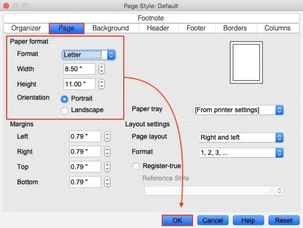 set openoffice writer landscape mode in page settings