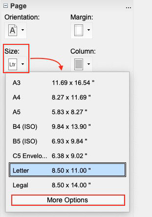 select page size in OpenOffice Writer sidebar