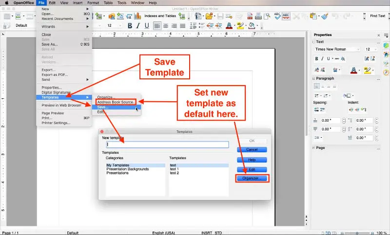 Save new template as default in OpenOffice Writer