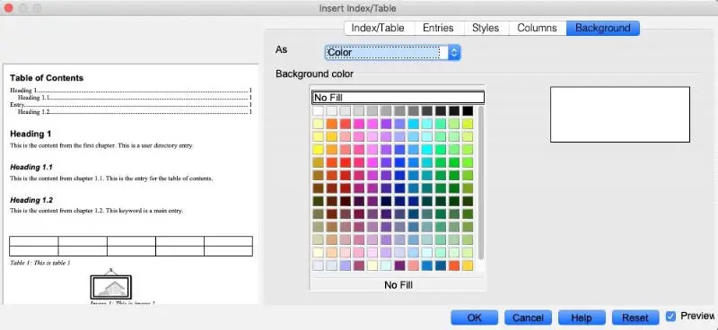 set background color for table of content openoffice writer
