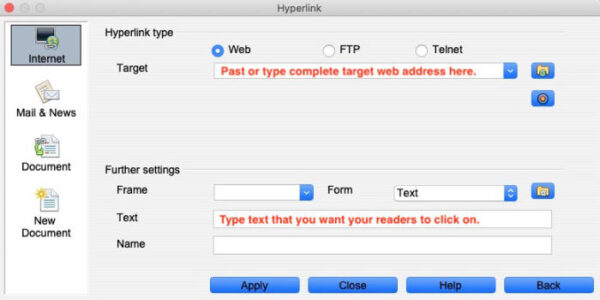 create hyperlinks in openoffice writer