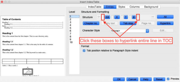 setting the hyperlink area in openoffice writer