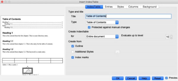 create a title for table of contents in openoffice writer