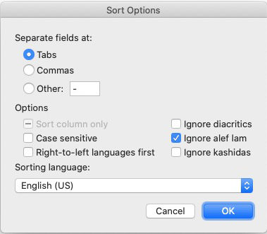 microsoft word list sorting options panel