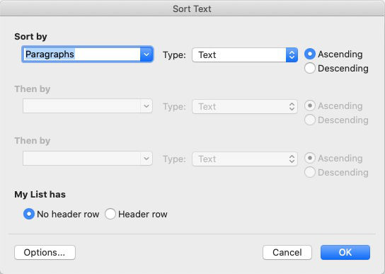 microsoft word list sort settings panel