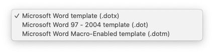 template file type MS Word saves to