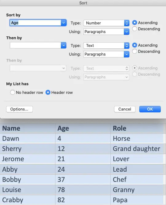 Microsoft Word list sort settings panel with list sorted by age