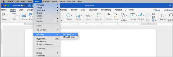 insert - add-ins ms word for macs