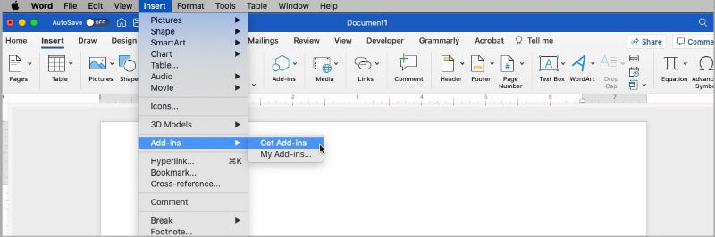 insert - add-ins ms word for macs