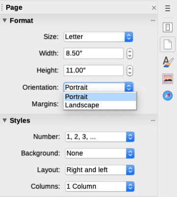 Set libreoffice writer page orientation from the sidebar