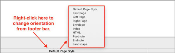 set libreoffice page orientation from the footer bar