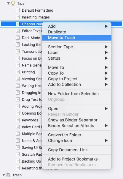 move from binder to trash in scrivener using right-click menu