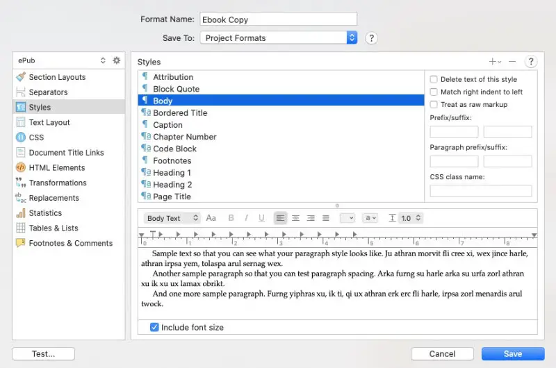 scrivener ebook compile settings