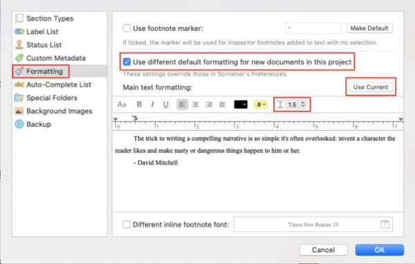 double space in scrivener settings