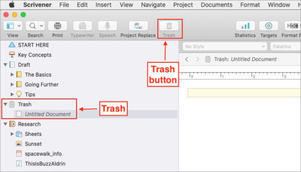 trash in binder and trash button in scrivener v3