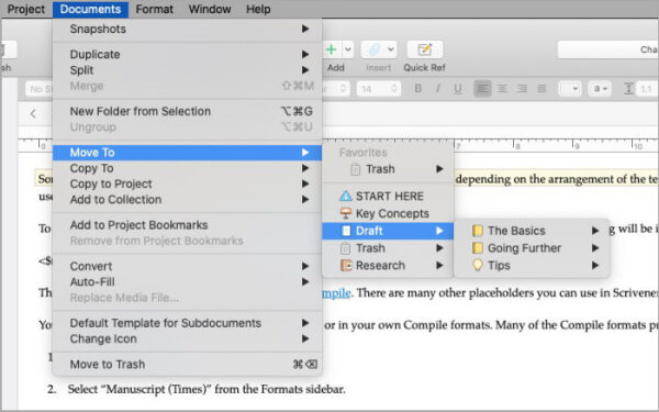 use the trash in scrivener via documents menu