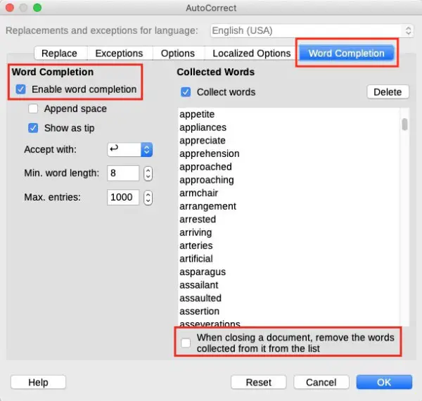 turn on autocomplete in libreoffice writer how to activate