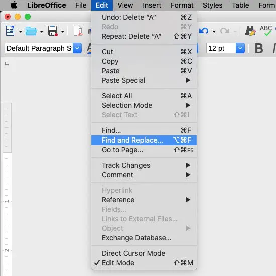 edit menu for find and replace in libreoffice writer