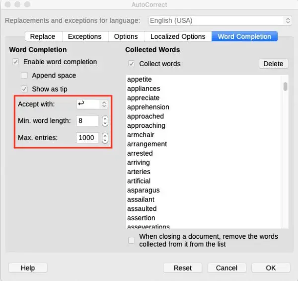 autocomplete in libreoffice writer. max entries and minimum word length settings