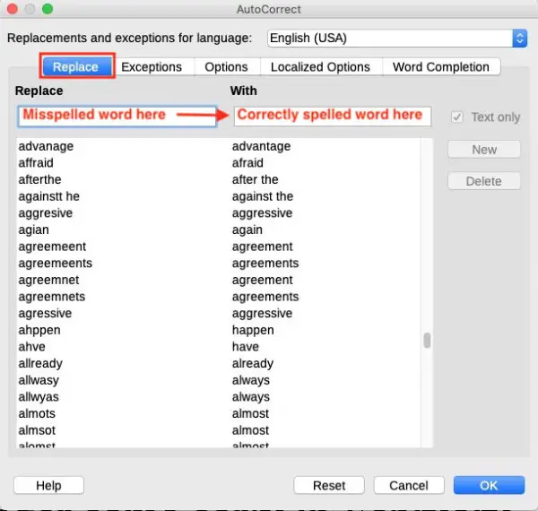 autocorrect in libreoffice writer - replacement table in replace tab of options panel