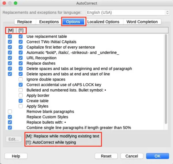 turn on autocorrect in libreoffice writer options panel