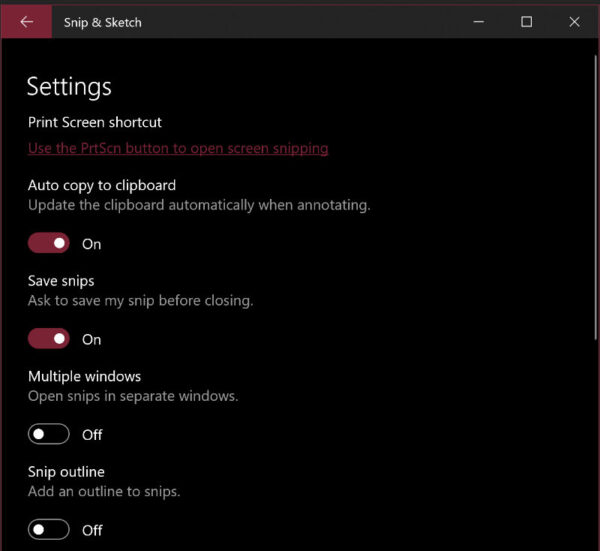 snip and sketch settings panel