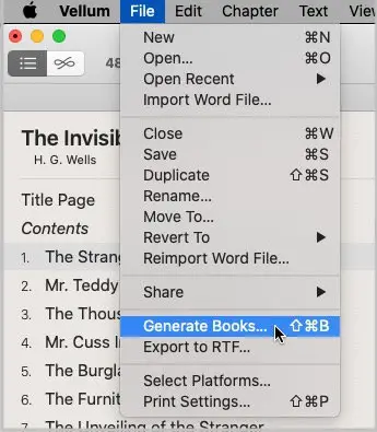 vellum file menu generate books