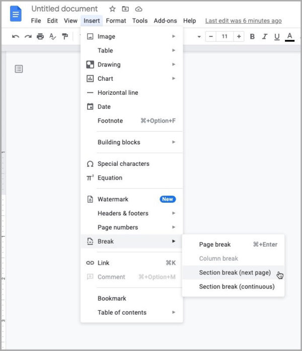 google docs insert menu add section break