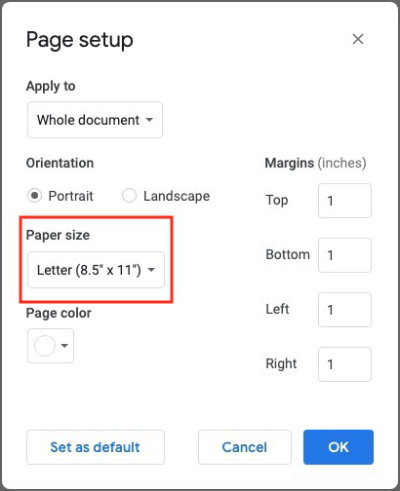 Google Docs set paper size