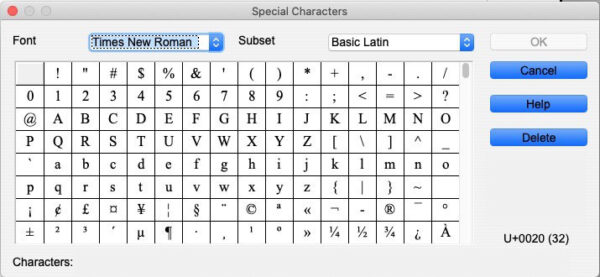 symbols in openoffice writer