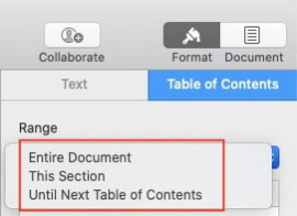 select coverage range for table of contents in apple pages
