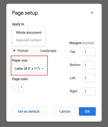 paper size setting in google docs