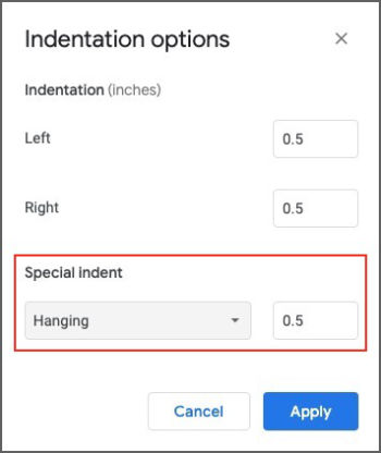 Google Docs - set hanging indent