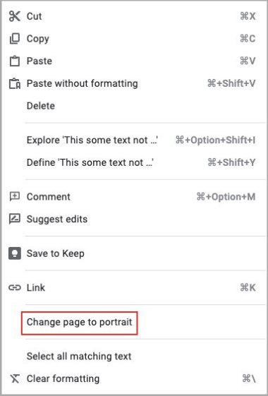 google docs right-click change page to portrait