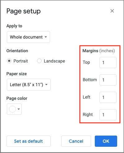 one inch margins in google docs