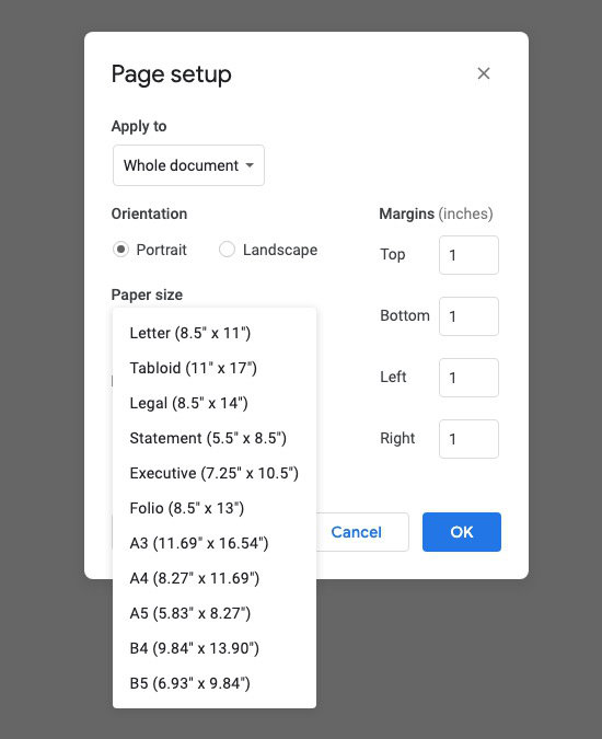 change the size of paper in google docs