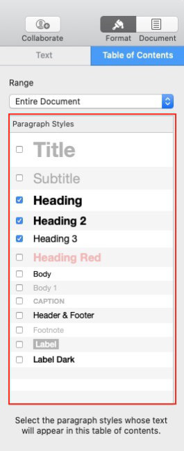 apple pages select text styles to be included in table of contents