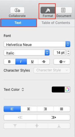text tab format setting apple pages