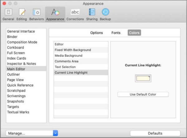 scrivener select color for highlight current line