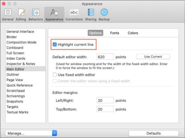 reduce distraction in scrivener - turn on highlight current line