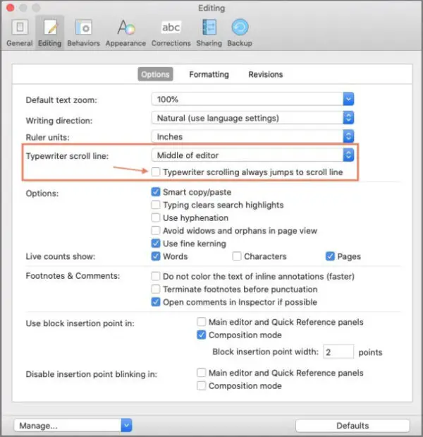 scrivener for mac - set typewriter mode scroll to stationary.