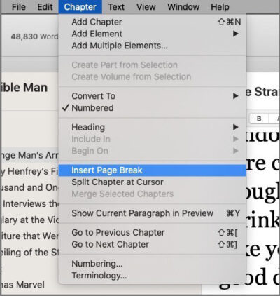 insert a page break in vellum using the chapter menu