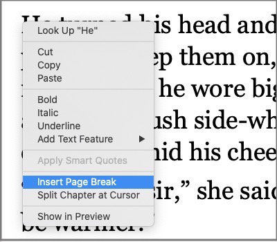 insert a page break in vellum - right click menu
