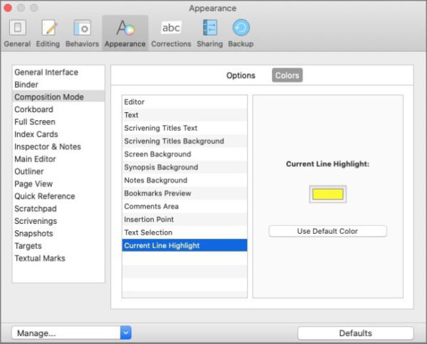 scrivener change composition mode line highlight color