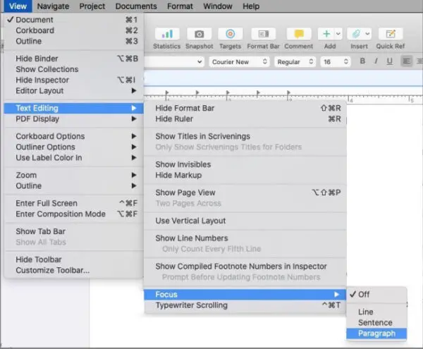 scrivener menu to turn on focus mode.