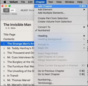 vellum for mac - add chapter from chapter menu