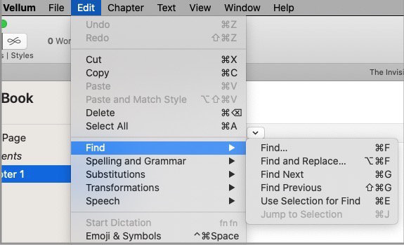 vellum keyboard shortcuts - vellum for mac edit > find menu