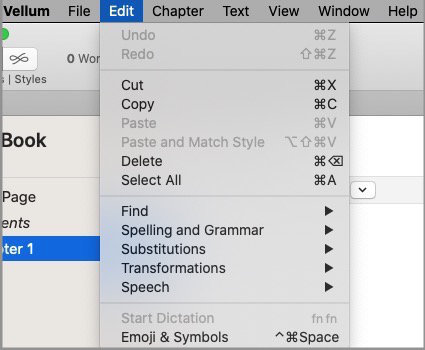 vellum keyboard shortcuts - vellum for mac edit menu