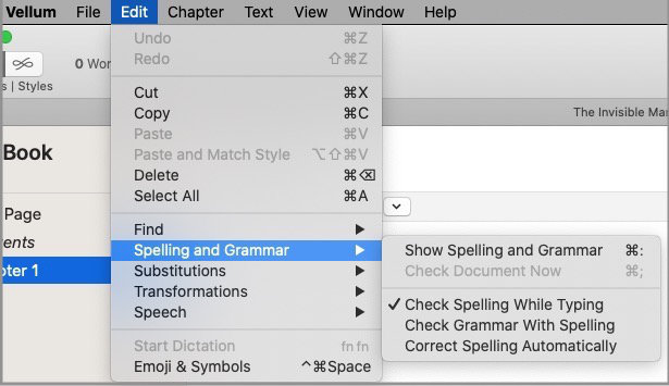 vellum keyboard shortcuts - vellum for mac edit > spelling and grammar menu